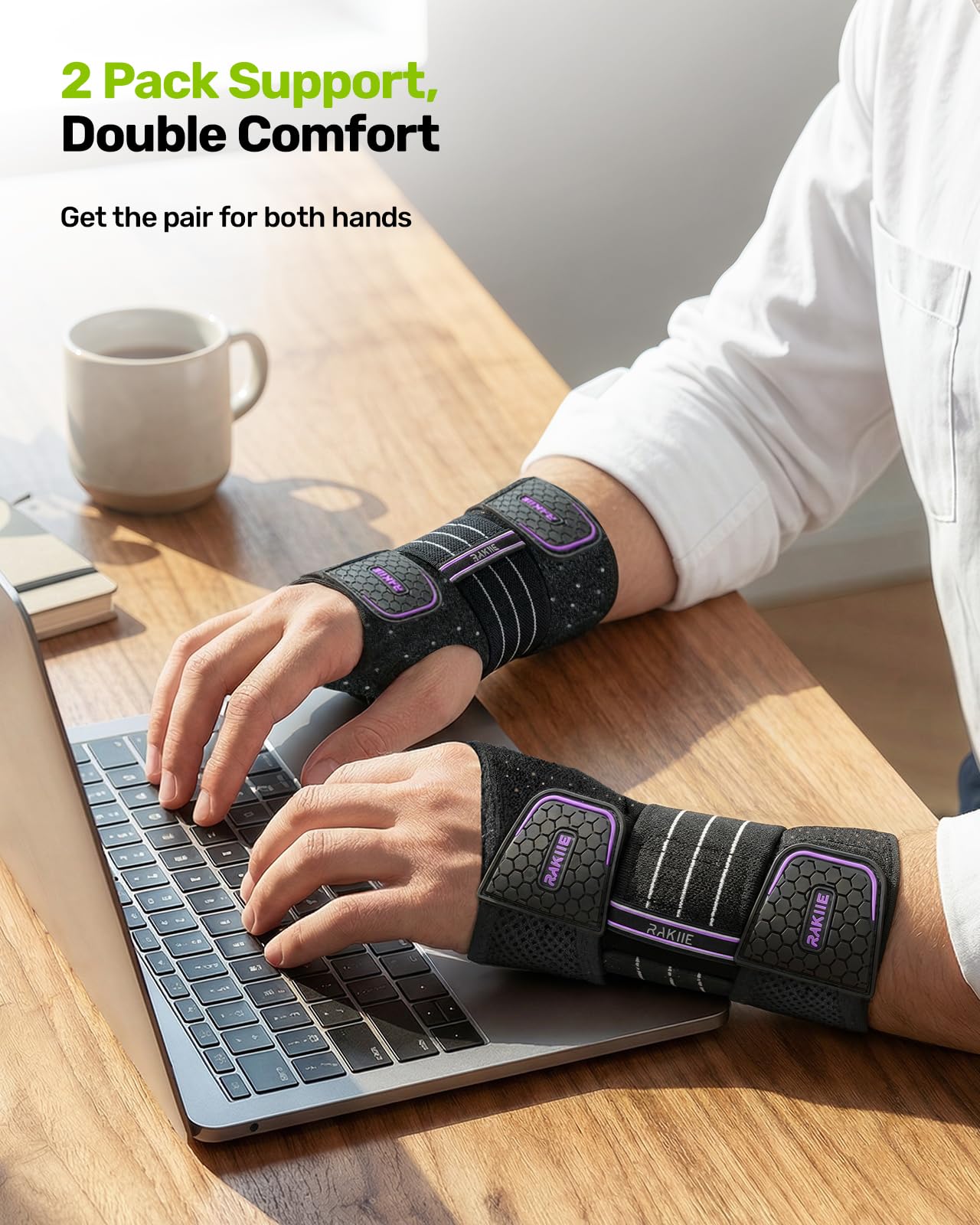 Rakiie 2 Pack Carpal Tunnel Wrist Braces, Adjustable Night Wrist Support with 3 Metal Splints, Hand Stabilizer for Men Women No Pressure on Thumb, Right and Left Hand (Purple, M)