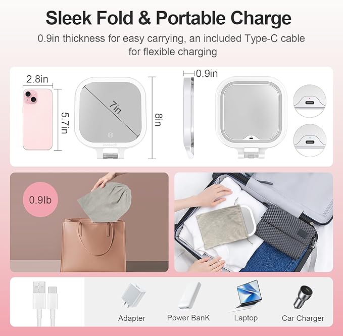 ION Vanity Mirror with Lights,1X/10X Magnifying Glass,2500mAh Battery Double Sided Vanity Mirror,7in Makeup Mirror with 3 Color Light,Brightness Adjustment Memory,Folding Stand (White)