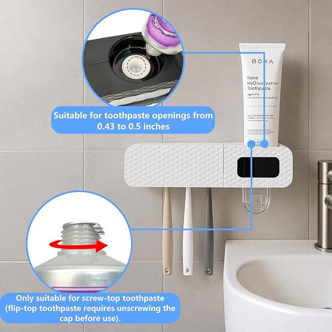Smart Toothbrush Holder, Wall Mounted Toothbrush Holder with Toothpaste Dispenser, Drying Function and 3 Toothbrush Slots for Bathroom (White)