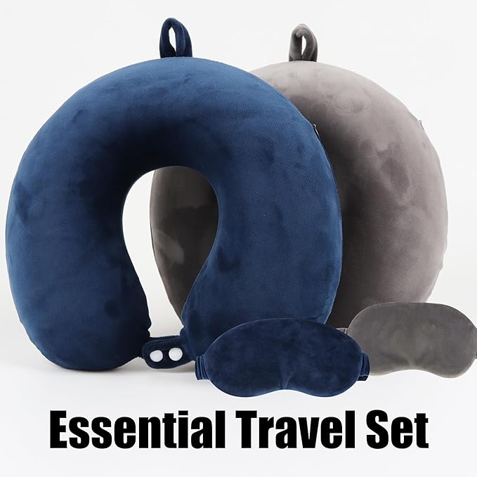 Sexysamba Pure Memory Foam Travel Pillow Set for Adults - Comfortable & Removable Machine Washable Cover, Neck Support Pillow Airplane Travel Kit with Eye Mask for Portable Plane Accessories - Black
