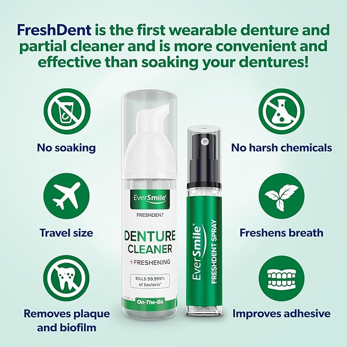 EverSmile FreshDent Denture and Partial Denture Cleaner + Teeth Whitening Spray and Foam– Travel Size Alternative to Cleaning Tablets That Eliminates Bacteria and Fights Bad Breath – 50ml + 10ml (2pk)