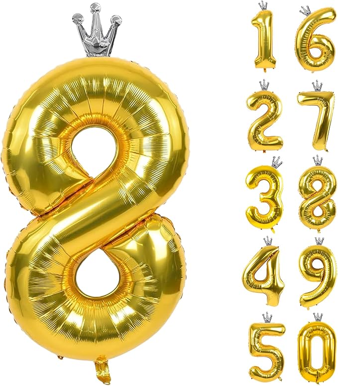Gold Number 8 Balloon with Crown, 40 inch Gold Number Balloon 8th Birthday Party Decoration Gold Crown Balloons 0-9 for Birthday Party Anniversary Decorations Supplies