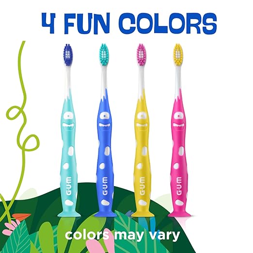 GUM Monsterz Jr Kids’ Toothbrush, Soft Bristled Children’s Toothbrush with Suction Cup, for Ages 5+, 1 Count(Pack of 6)