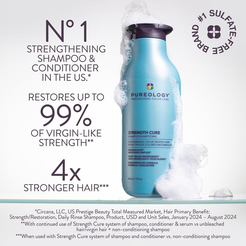 Pureology Strength Cure Shampoo - For Damaged or Color Treated Hair, Hair Repair, Reduces Damage & Seals Split Ends, Protects Color Vibrancy, Vegan & Sulfate Free