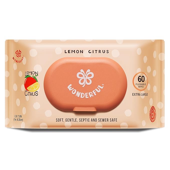 WONDERFUL Flushable Butt Wipes, Lemon Citrus 100% Plant-Based Wet Wipes for Adults & Kids; Sewer, Septic Safe; Gentle for Sensitive Skin, Wipes Flushable Pack for Bathroom & Travel, 1-Pack (60 Wipes)