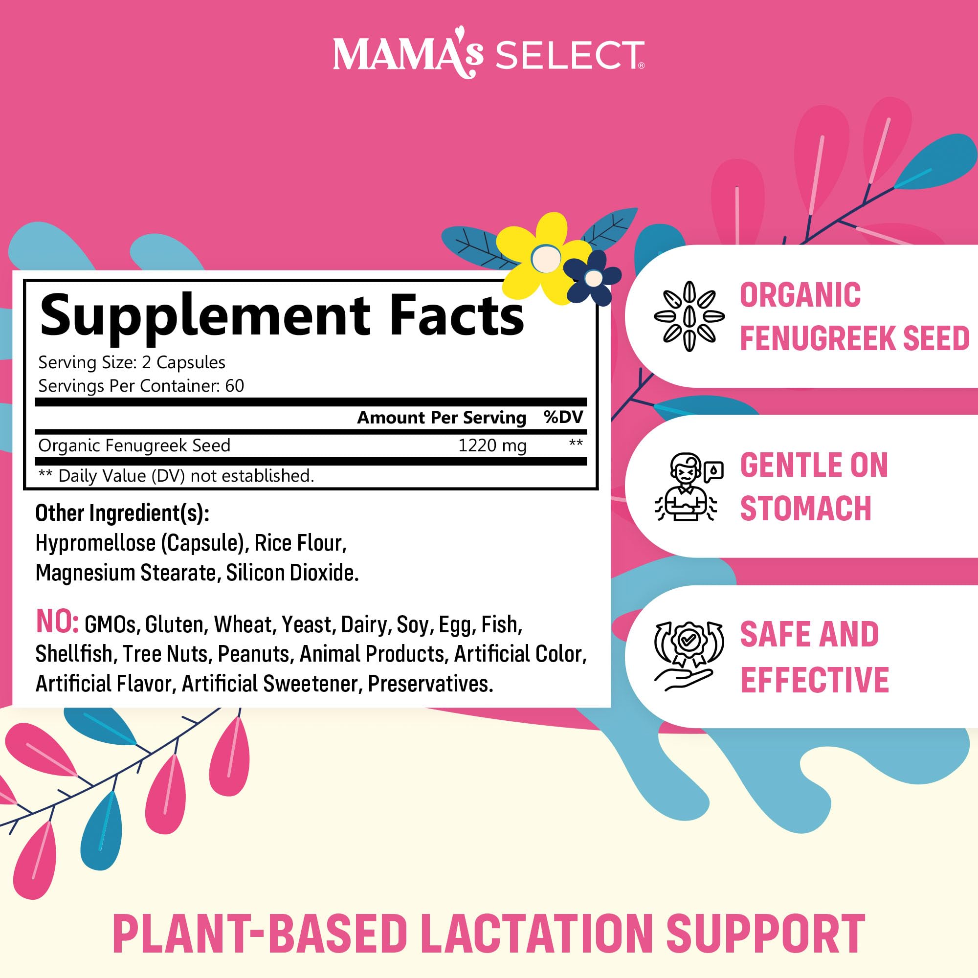 Mama's Select Organic Fenugreek Capsules – Natural Herbal Lactation Supplement to Boost Milk Supply, Vegan Digestive Health Aid, Allergen-Free & Non-GMO, USA-Made for Breastfeeding Moms
