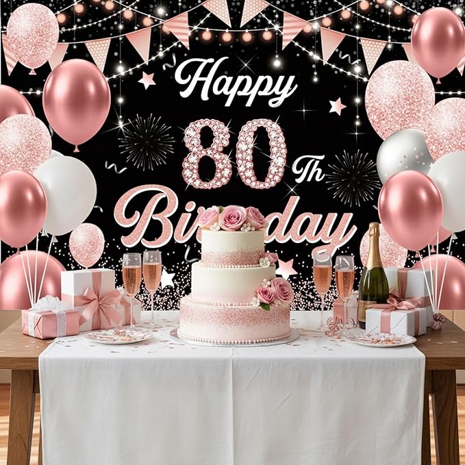 80th Birthday Decorations for Women - Happy 80th Birthday Banner Decorations Cheers to 80 Years Birthday Party Indoor and Outdoor Decoration Suppiles Pink Backdrop for 80th Birthday Party Favors Decor