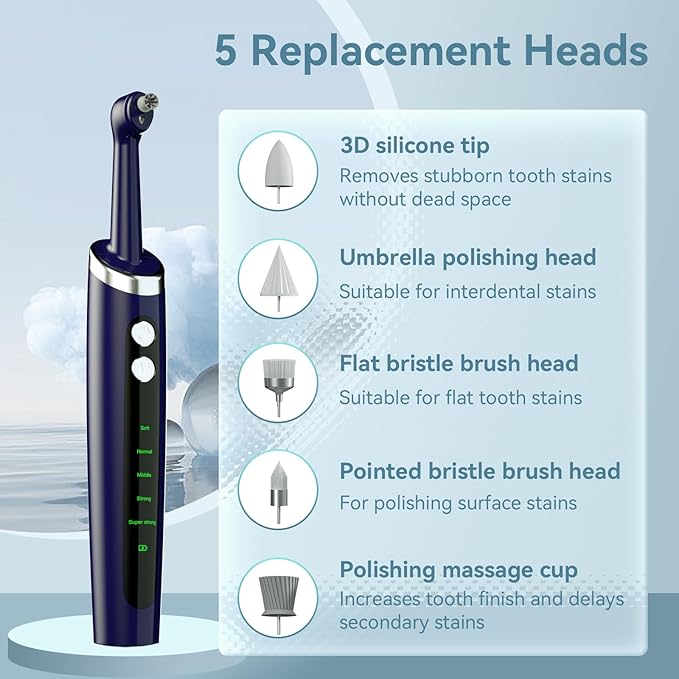Tooth Polisher Electric Professional with USB Rechargeable, Tooth Polisher 5 Replacement Heads, IPX6 Waterproof for Adults &Kids