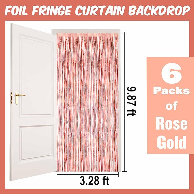 6 Pack Rose Gold Foil Fringe Curtains Backdrop, 3.28 x 9.8 Ft Metallic Streamers Tinsel Curtains Background for Photo Booth, Birthday, Halloween, Christmas, Thanksgiving, New Year Party Decorations