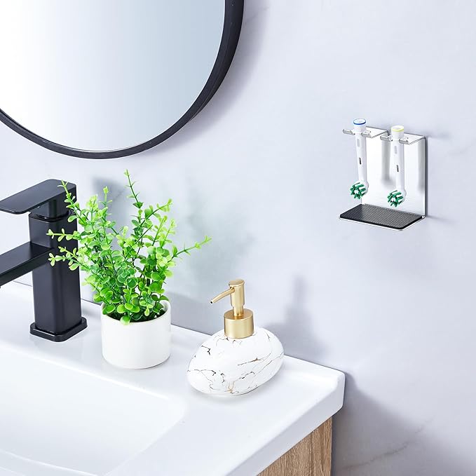Toothbrush Head Holders Tabletop or Wall Mounted Electric Tooth Brush Heads Holder Stand with Removable Drip Pad, Tooth Brush Holder for Bathroom Shower, Electric Toothbrush Holders, Silver