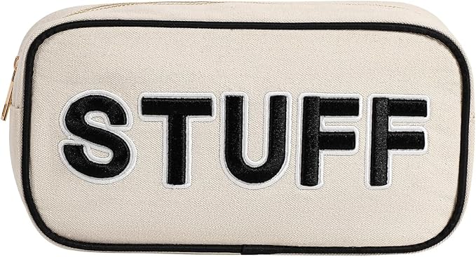 uekeboag Canvas Chenille Letter Stuff Makeup Bag,Small Travel Washable Organizer Bag for Purse with Zipper, Cute Personalized Preppy Cosmetic Bag For Women and Girls(01Black-Stuff)