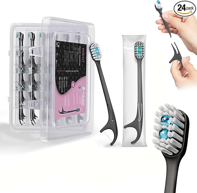 Pinkart 5 in 1 Disposable Toothbrushes with Toothpaste – Individually Wrapped Mini Travel Toothbrushes with Prepasted Toothpaste, Mouthwash Beads, Floss & Tongue Scraper | to-Go Oral Care (24 Count)