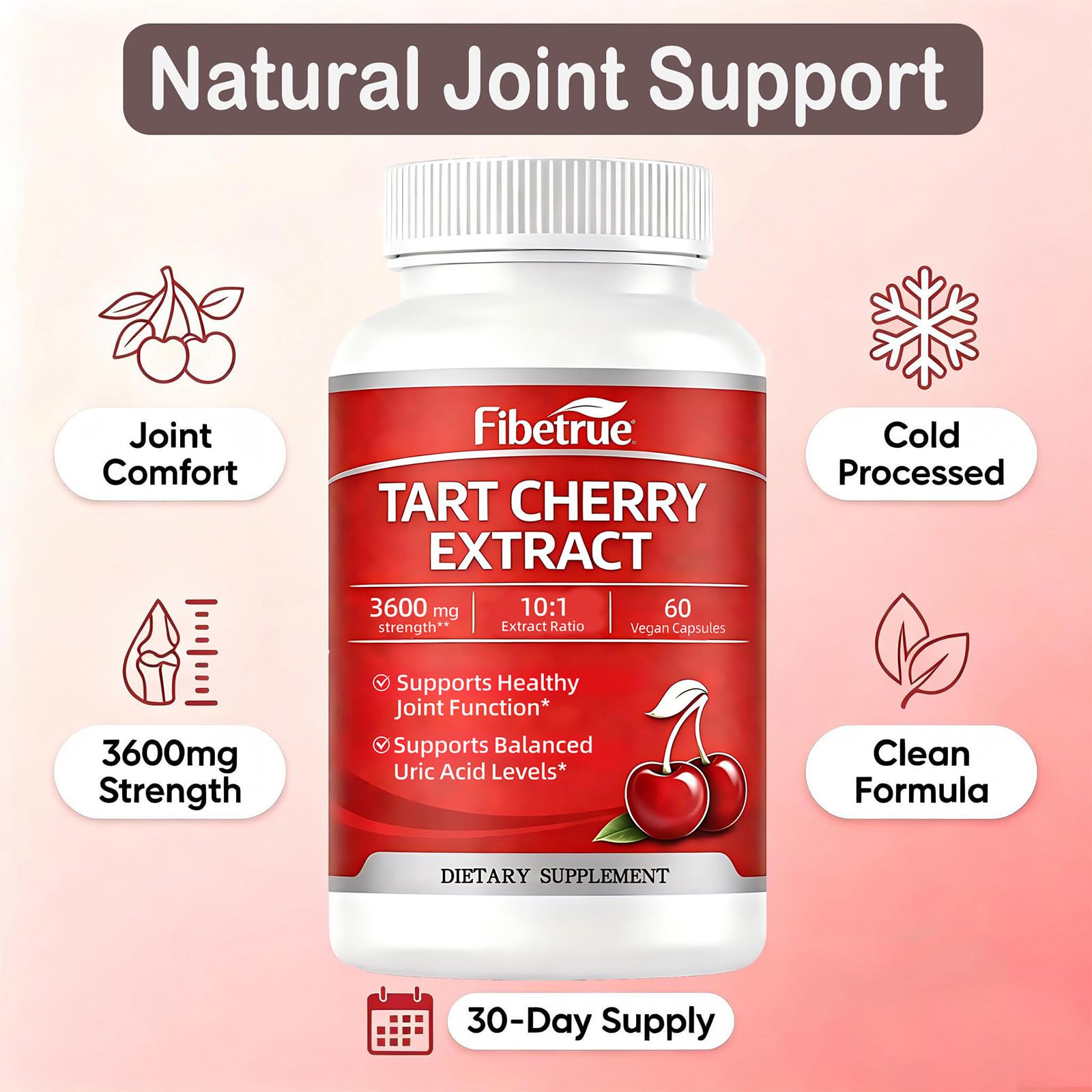 Fibetrue Tart Cherry Extract Capsules 3600mg (10:1) – Montmorency Cherry for Joint Comfort & Uric Acid Balance – Antioxidant Support – Vegan, Non-GMO – 60 Capsules