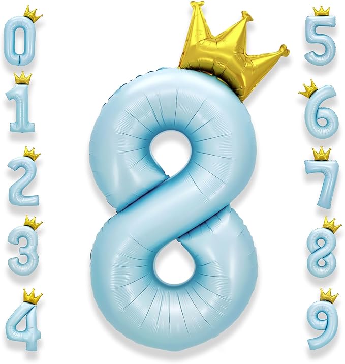 AULE 40 Inch Big Light Blue 8 Balloon Number with Crown Large Foil Helium Number Balloons 0-9 Jumbo Giant Happy 8th Birthday Party Decorations Huge Mylar Anniversary Party Supplies