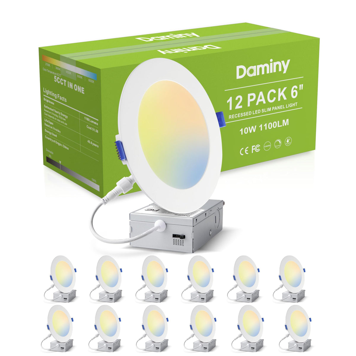 DAMINY 12 Pack 6 Inch LED Recessed Lighting with Junction Box,5CCT,Ultra-Thin Recessed Light,10W 1100LM, Dimmable Canless Wafer Ceiling Light, High Brightness