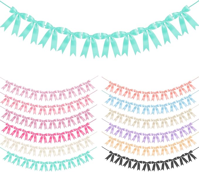Lake Blue Bow Garland Bow Banner Bow Party Decorations Pre-Strung Large Coquette Satin Ribbon for Birthday Bachelorette Party Bridal Shower Wedding Engagement Baby Shower