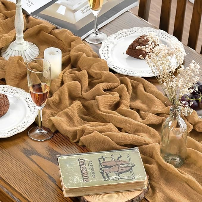 Artoid Mode Boho Cheesecloth Gauze Mustard Yellow Wedding Table Runner, 120 Inch Seasonal Fall Thanksgiving Fabric Kitchen Dining Holiday Table Decor for Home Party Indoor