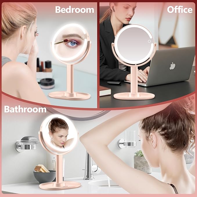 MIYADIVA Makeup Mirror with Lights,20X Magnifying Mirror with Light and Touch Switch,Vanity Mirror with 3 Color Light and 80 LEDs,2-Sided Lighted Magnified Mirrors 8.8 Inches, Pink