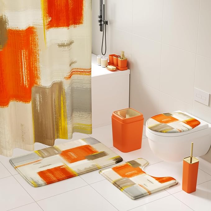 Bathroom Accessories Set - 26PCS Orange Bathroom Set, Bathroom Accessory Set with Shower Curtain and Rugs and Bathtub Mats for Home