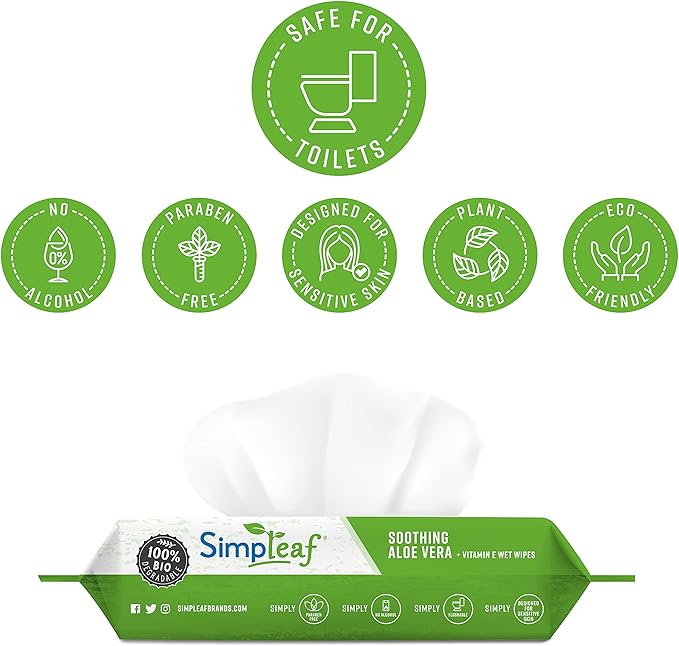 Simpleaf Flushable Wet Wipes Aloe Vera | Plastic Free, Paraben & Alcohol Free | Hypoallergenic & Safe for Sensitive Skin | Soothing Aloe Formula | Adult Toilet Wipes (6 x 50 Counts Pack) 300 Counts