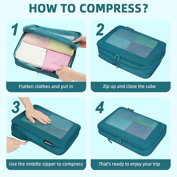 BAGAIL 4 Set/6 Set/8 Set Compression Packing Cubes Travel Accessories Expandable Packing Organizers (Square Mesh, 06-Teal)