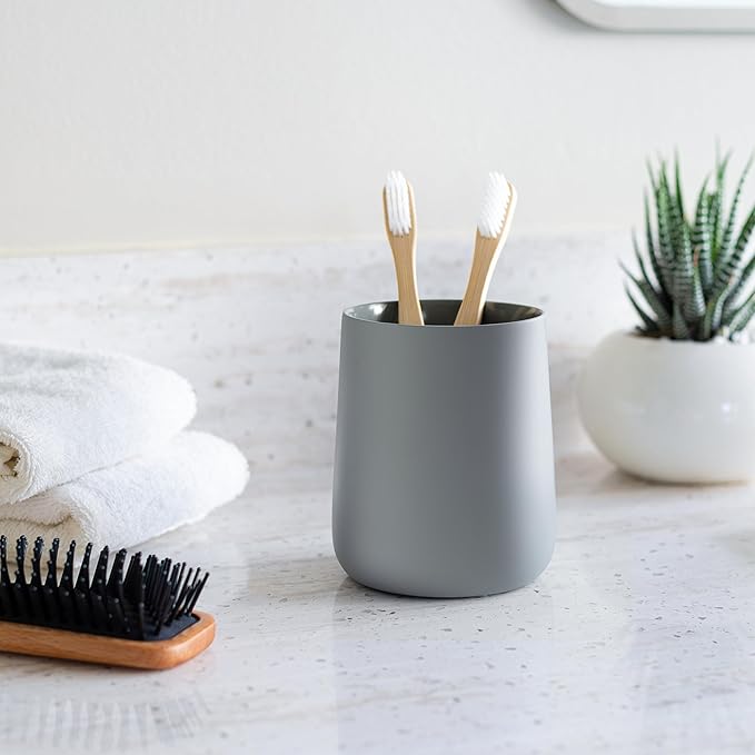 Matte Gray Toothbrush and Toothpaste Holder and Cup for Bathroom Vanity and Countertop, Round Organizer for Electric Toothbrushes, Floss, Razors, Cotton, and Mouthwash