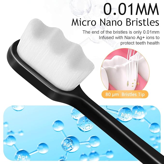 Adult Extra Soft Toothbrush with 20000 Soft Bristles, (Pack of 6) Micro Nano Manual Toothbrushes for Protect Sensitive Gums - Black