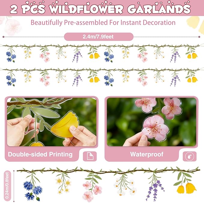 JIAYIQI 2PCS Wildflower Party Decorations - 7.9FT Pre-Strung Floral Garlands for Baby Shower Bloom Birthday Tea Party Wedding - Reusable & DIY Hanging Flower Garland for Garden Theme & Spring