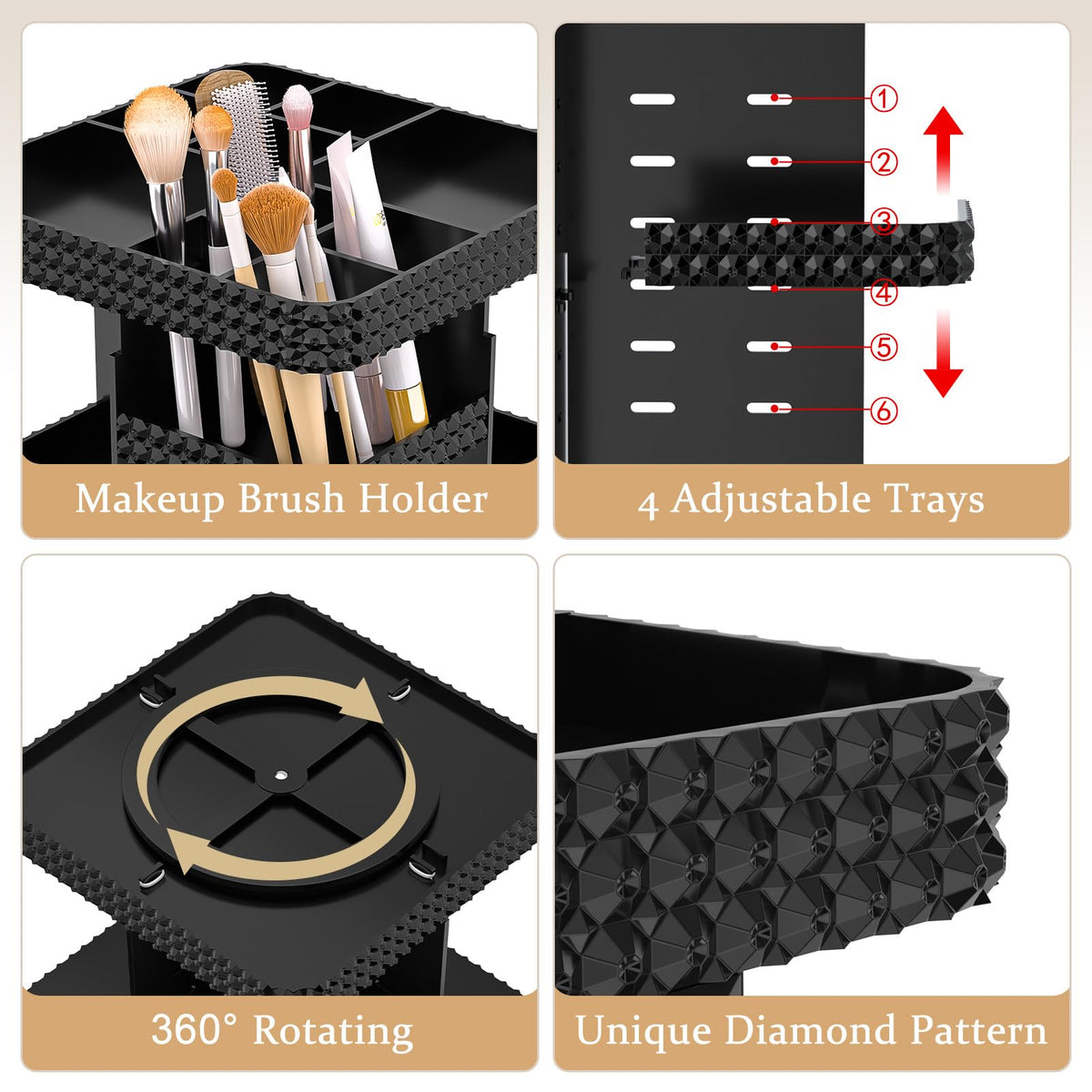 HEMTROY Rotating Makeup Organizer with Makeup Brush Holder,Large Capacity Perfume Organizer for Vanity Countertop,Acrylic Skincare Organizers Spinning Holder Storage Rack (Black)