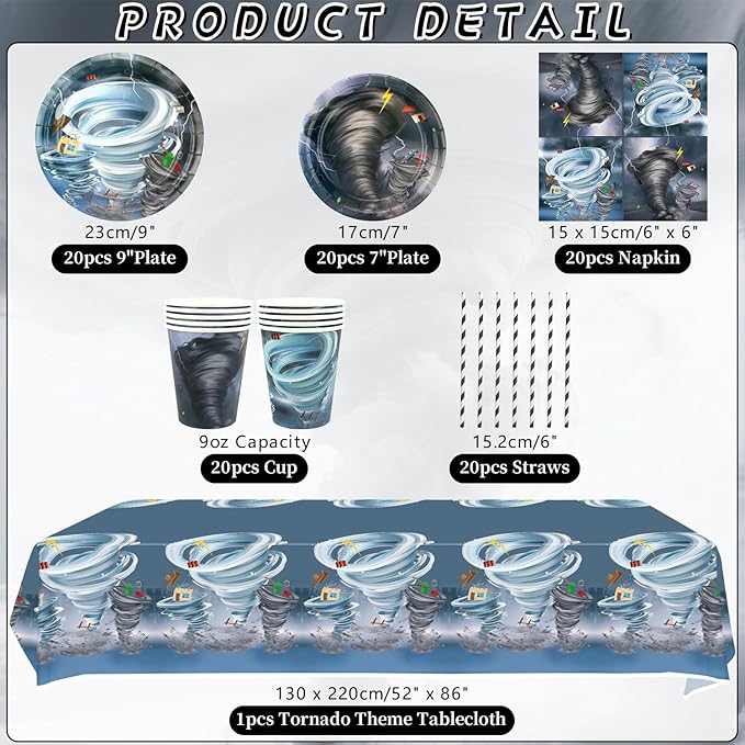 KEFAN Tornado Birthday Party Decorations, Tornado Theme Party Tableware Supplies including Plates, Cups, Napkins, Tablecloth (20)