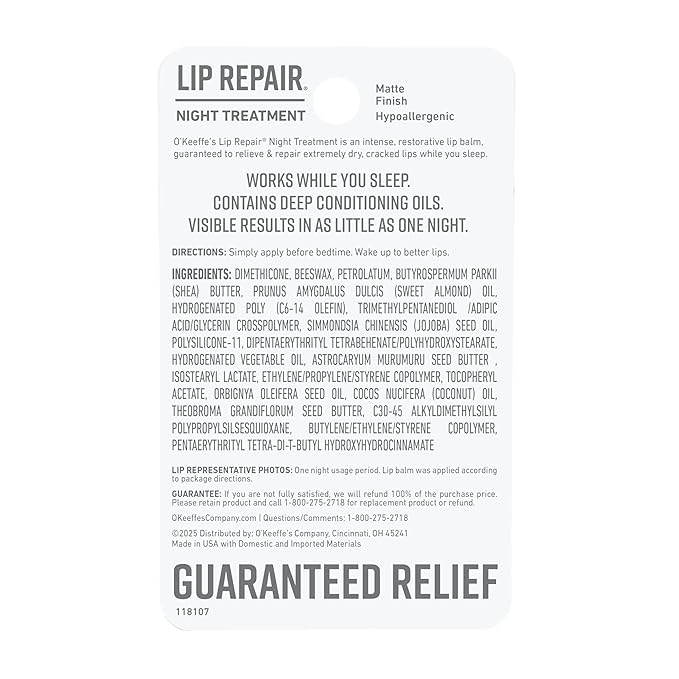 O'Keeffe's Lip Repair Night Treatment Lip Balm for Dry, Cracked Lips - 0.25 Ounce Jar (2 Pack) - Moisturizer for Extremely Cracked, Dry Lips