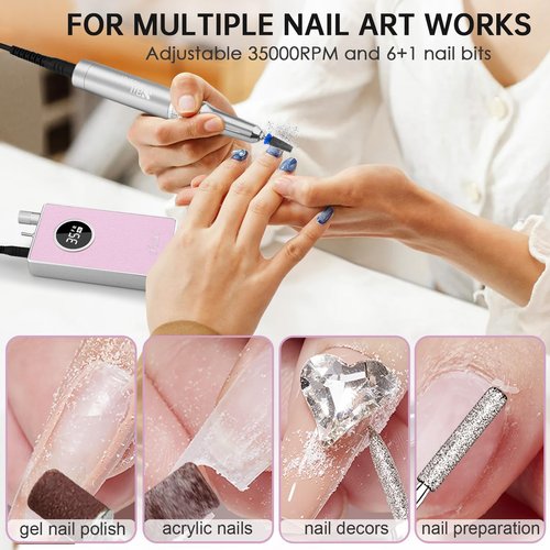 Kredioo Nail Drill Professional Super Quiet with Coreless Motor 35000RPM Electric File 6+1 Tungsten Bits Kit Portable Strong Drill para uñas Profesional Remove Acrylic Nails Dip Powder-Pink