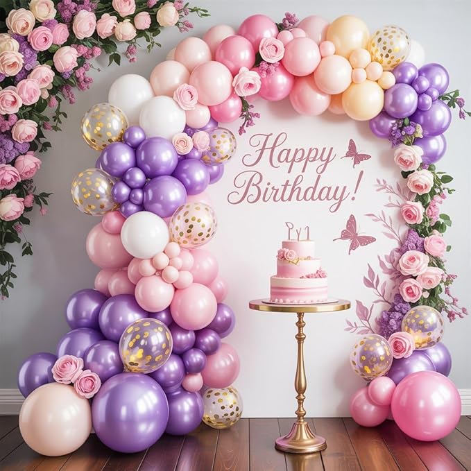 Pink and Purple Balloon Garland Arch Kit, Butterfly Balloon Arch Kit with Hot Pink Purple Gold Confetti Balloons for Bridal Shower Wedding Butterfly Birthday Party Decoration