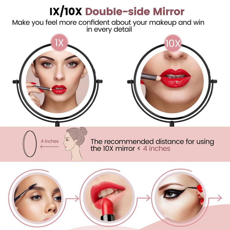 AumVum 8" Vanity Mirror with Lights Rechargeable, 1X/10X Magnifying Makeup Mirror with Touch Screen, 54 LED Adjustable Brightness, 3 Color Modes, 360° Rotation for Tabletop & Bedroom