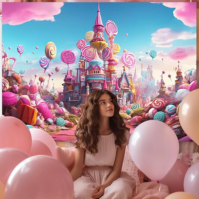 10x6.5ft Candyland Backdrop Fantasy Pink Castle Sweet Candy Photography Background Girls Birthday Candyland Theme Party Decorations Banner Photo Studio Props