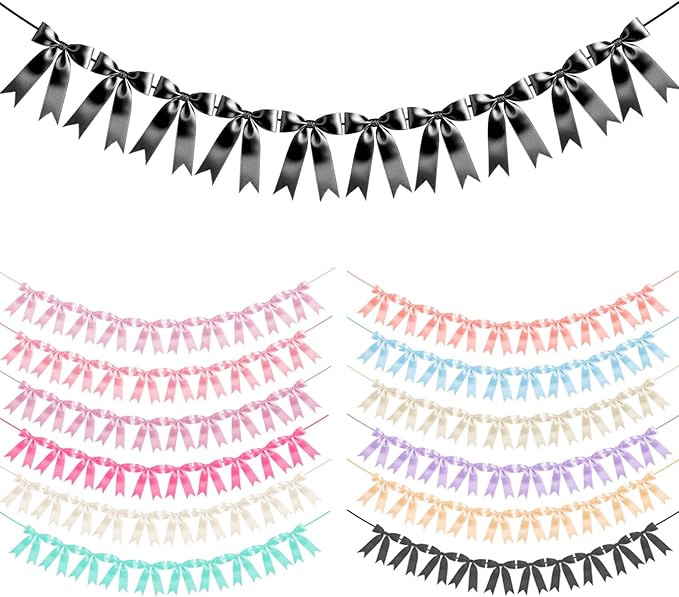 Black Bow Garland Bow Banner Bow Party Decorations Pre-Strung Large Coquette Satin Ribbon for Birthday Bachelorette Party Bridal Shower Wedding Engagement Baby Shower