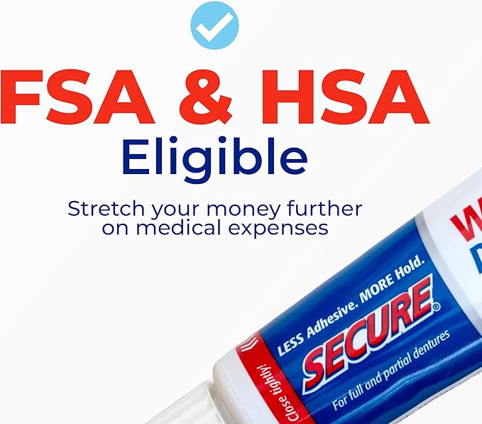 Secure Waterproof Denture Adhesive - Zinc Free - Extra Strong Hold For Upper, Lower or Partials - 1.4 oz (Pack of 8)