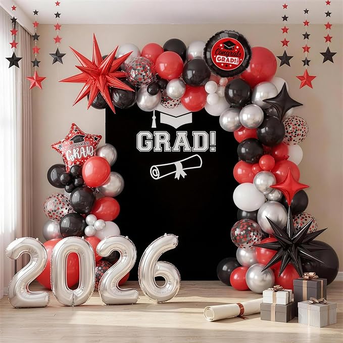Red Black Graduation Balloon Arch Kit 2026 Graduation Decorations, Silver Number 2026 Balloons with Explosion Star Round Congrats Grad Foil Balloon for College High School Class of 2026 Grad Party