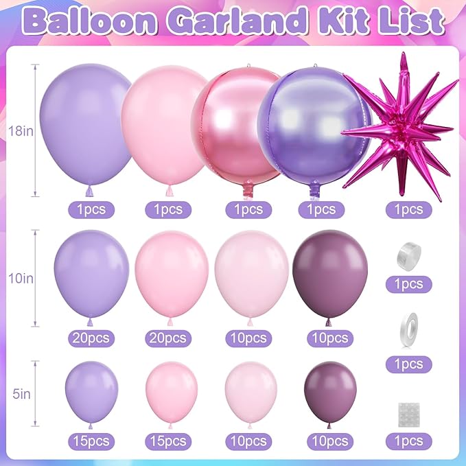 Pastel Pink Purple Balloon Arch Garland Kit with Pink Purple 4D Round Balloons Star Foil Balloons for Baby Shower Wedding Engagement Birthday Birthday Party Decorations