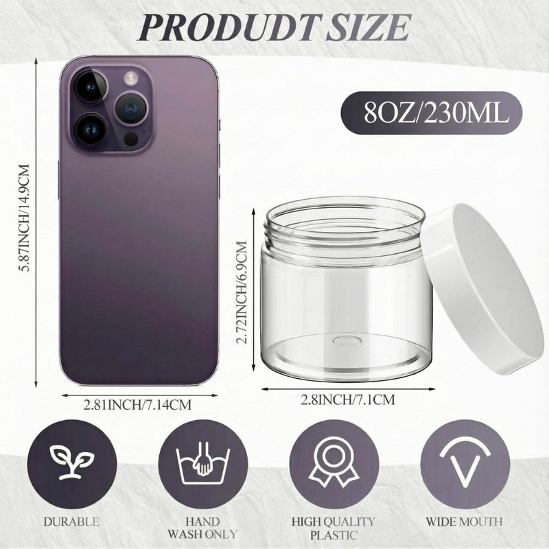 Patelai 48 Pack 8 oz Clear Plastic Jars with White Lids Empty Containers Round Clear Plastic Jars Wide-mouth Refillable Storage Organizers for Cosmetics Lotions Butters Slime Making and Food Storage