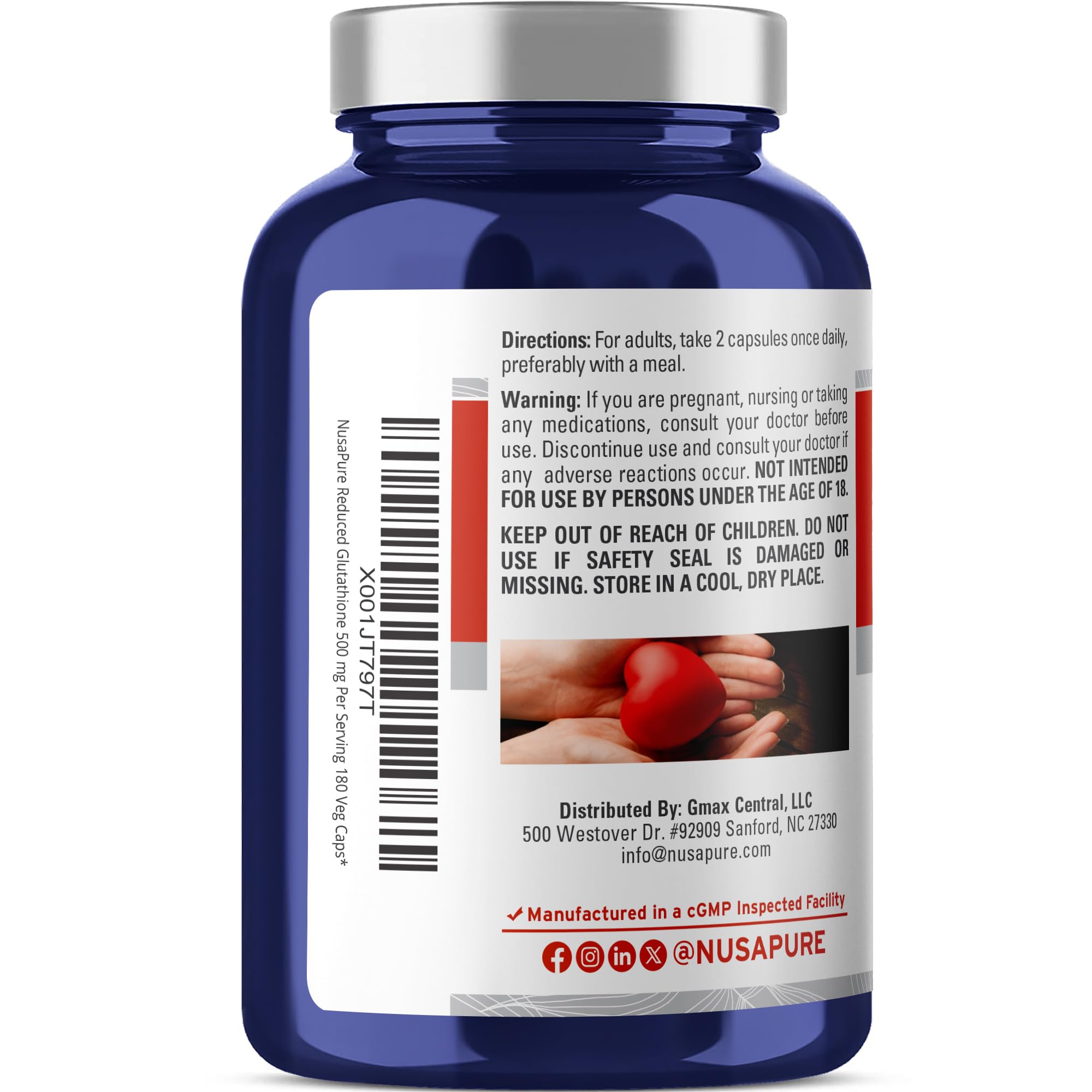NusaPure Reduced Glutathione 500mg 180 Veggie Capsules (Vegan,Non-GMO) L-Glutathione