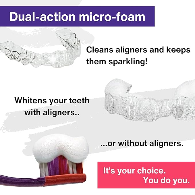 2 in 1 Aligner Cleaning and Teeth Whitening Foam, Vegan Formula Invisalign, Hawley Trays, Aligners, Retainer Cleaner Foam, Menthol Freshness Tooth Whitener Kit, Pack of 4