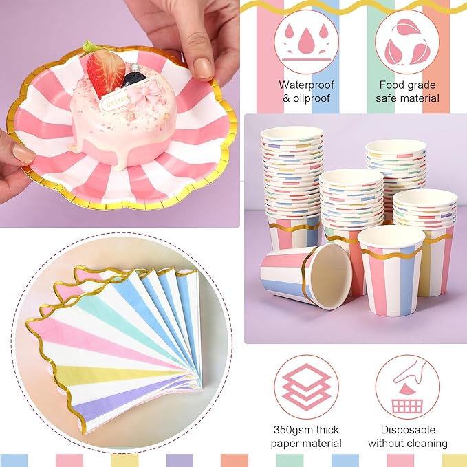 Yungyan 216 Pcs 72 Guest Pastel Party Plates and Napkins Gold Foil Scalloped Edge 6" Paper Dessert Plates and Striped Pastel 9 oz Cup Disposable Tableware Set for Birthday Wedding Baby Shower Supplies