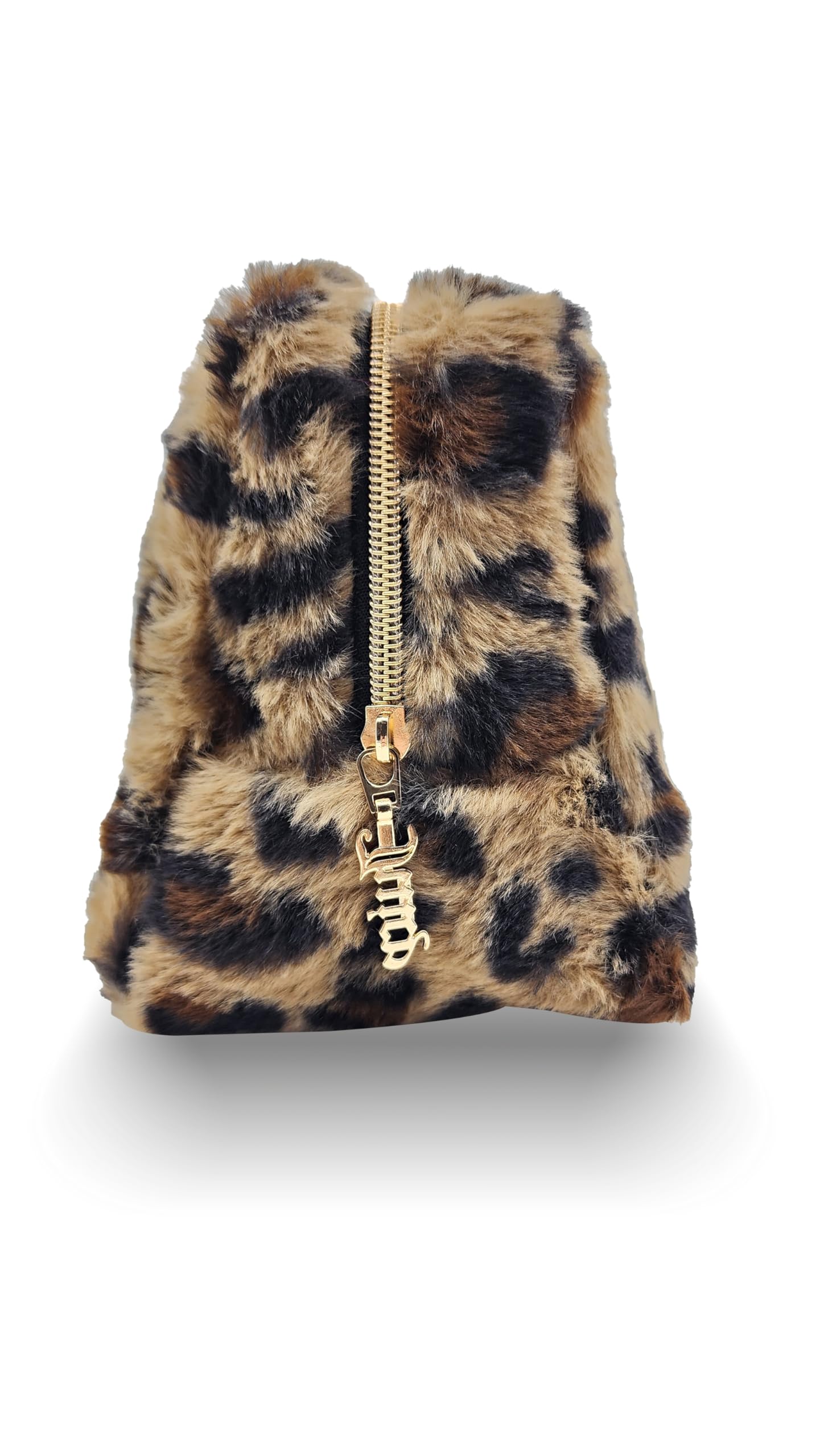 Juicy Couture Brown Makeup Bag Cosmetics Organizer Travel Essentials Zip Top Wedge Leopard Print Faux Fur Rhinestone