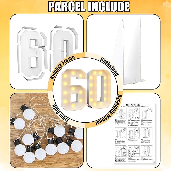 4ft Light Up Numbers 60 Numbers with Lights Bulbs White Slot-in Marquee Frame for Men Women 60th Birthday Party Decorations Pre-Cut Mosaic Cardboard Large Cut-Out Thick Foam Board Sign Anniversary