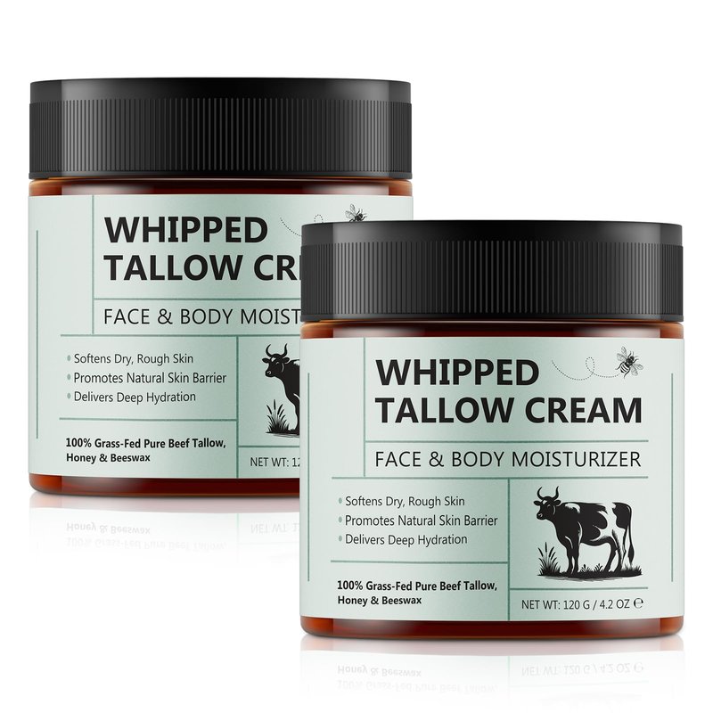 2 Pack Beef Tallow for Skin, Tallow and Honey Balm, All Natural Moisturizer Hydrates and Nourishes the Skin, Deeply Moisturizing for Face & Body, Organic Grass Fed Whipped Beef Tallow & Honey Beeswax
