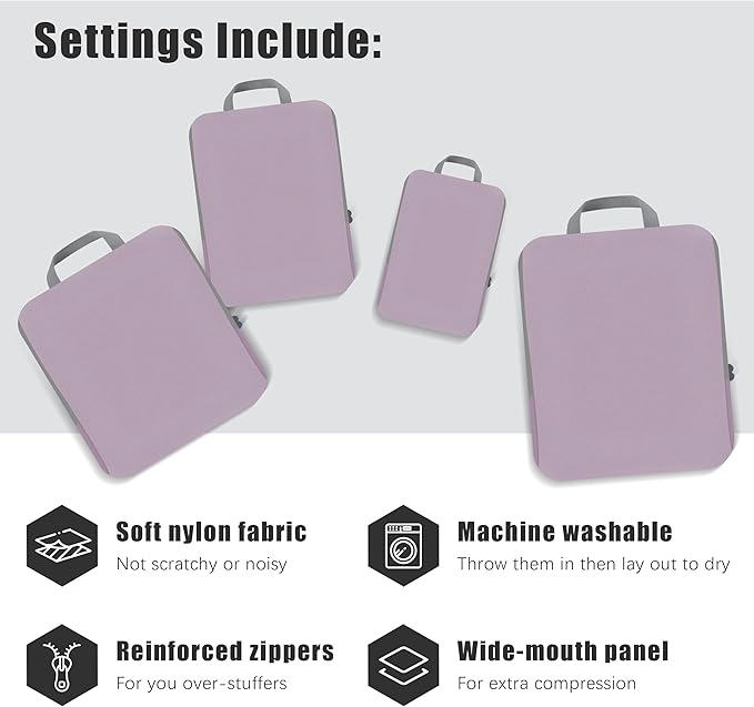 PANDA JOYS 4 Set Compression Packing Cubes Travel - Travel Accessories Expandable Packing Organizers for Carry On - Essentials Luggage Bags - Lavender