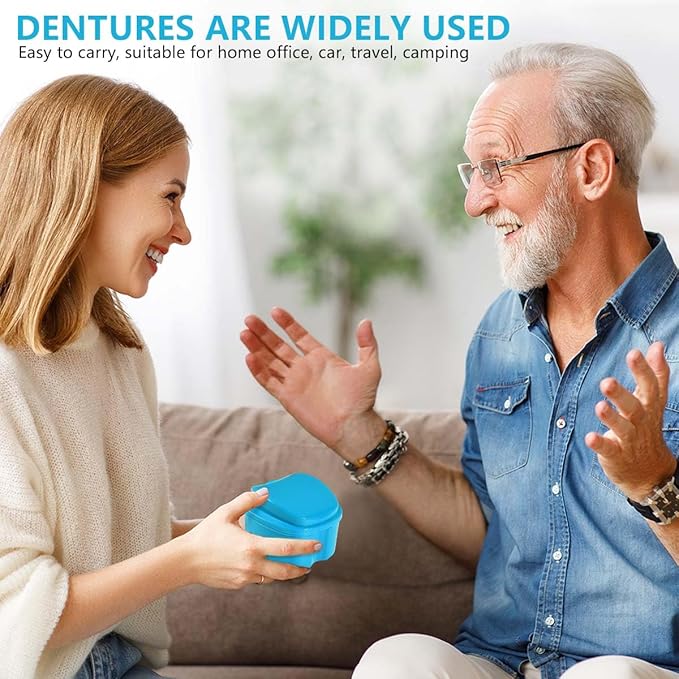 2 Pack Colors Denture Bath Case Cup Box Holder Storage Soak Container with Strainer Basket for Travel Cleaning (White and Light Blue)