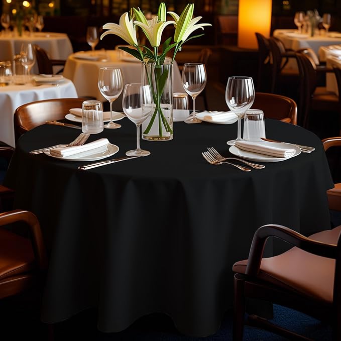 6 Pack Premium Black Plastic Table Cloth -96 Inch Round Tablecloth, Disposable Tablecloth Plastic Table Cover for Parties (6, Black, 96" Round)
