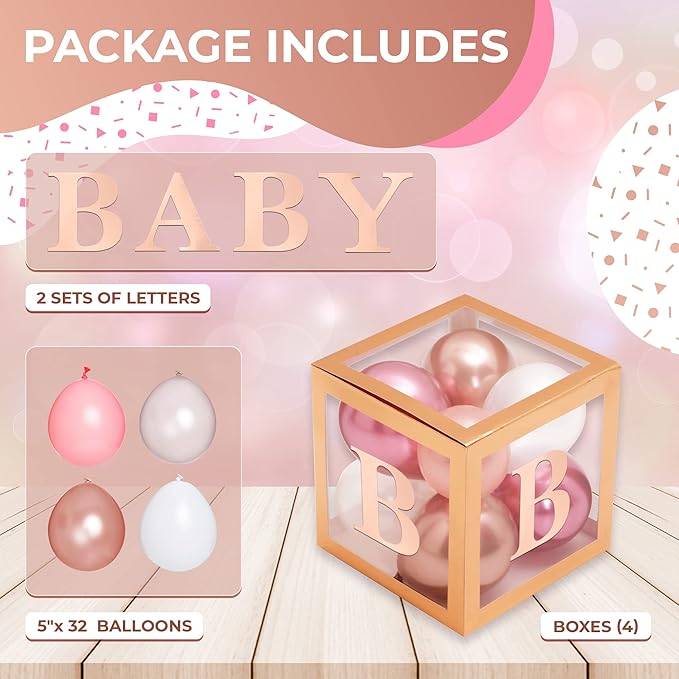 Baby Shower Decorations – Rose Gold Baby Shower Boxes with Letters, Baby Blocks with Rose Gold, Pink, and White Balloons – 44-Piece Party Set for Boys and Girls by Vellax®